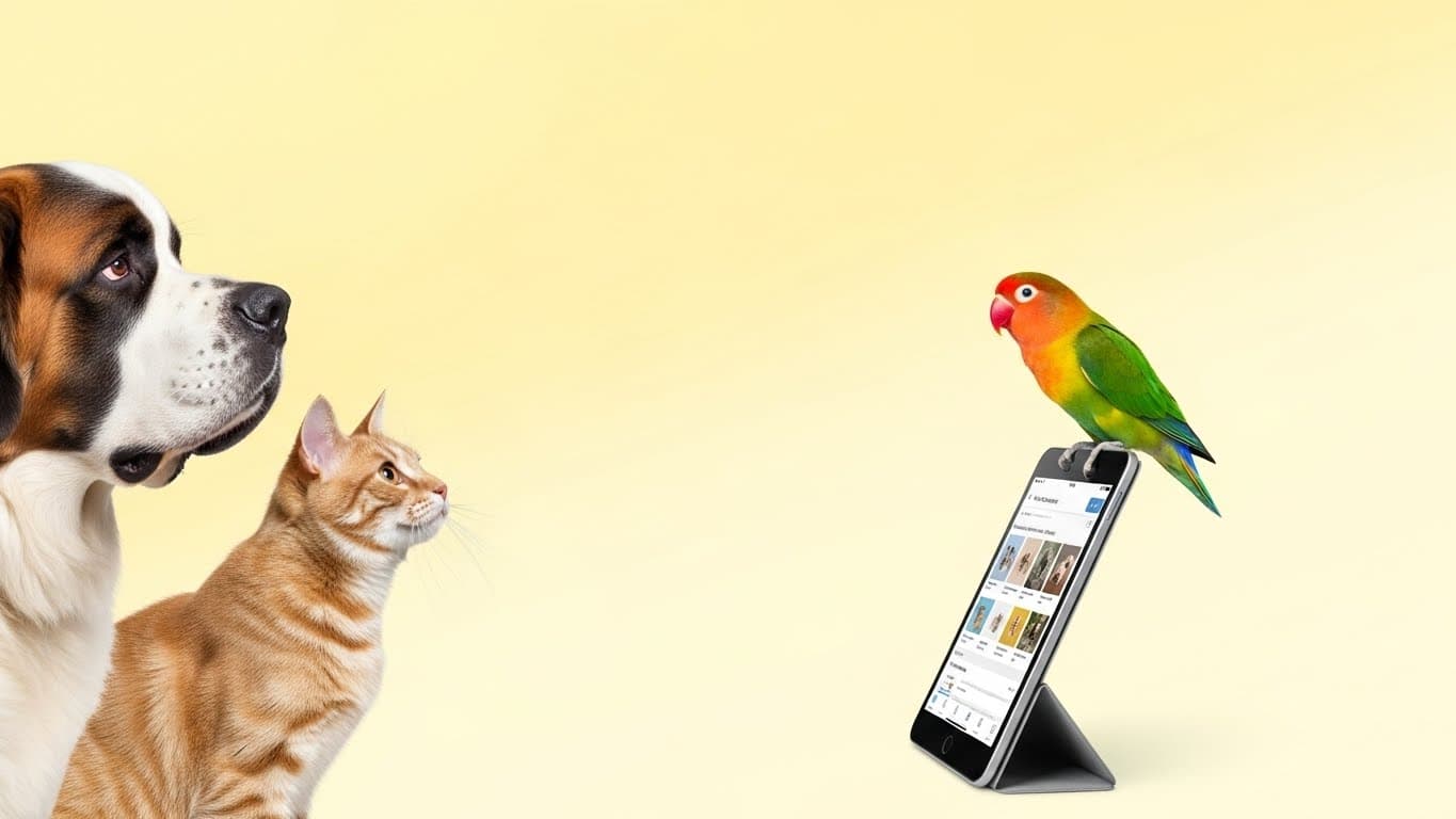 Dog, cat and parrot looking at a tablet with the PetClaws newsletter